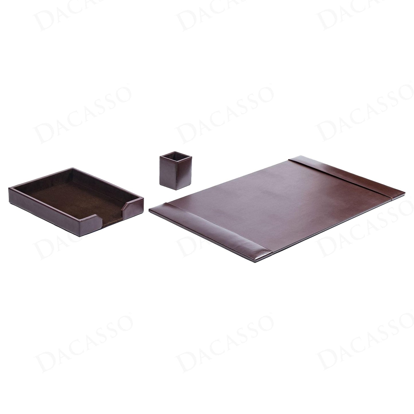 Dacasso Brown Bonded Leather Luxury 3 Piece Desk Set - Blotter Pad & Desk Organization Essentials - Executive Decor and Surface Protector