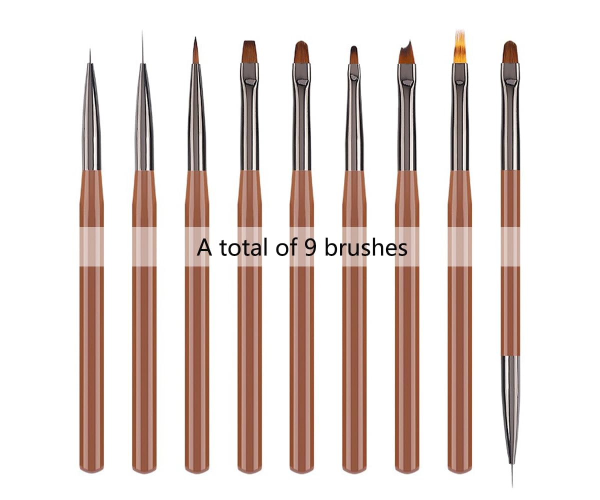 MIKOWEN 9PCS Nail Art Brushes Nail Art Tool Set Striping for Long Lines Nail Drawing Pen For Nail Design Brushes for Gel Polish Clean Up Brushes 3D Nail Art Decorations for DIY Manicure, Brown