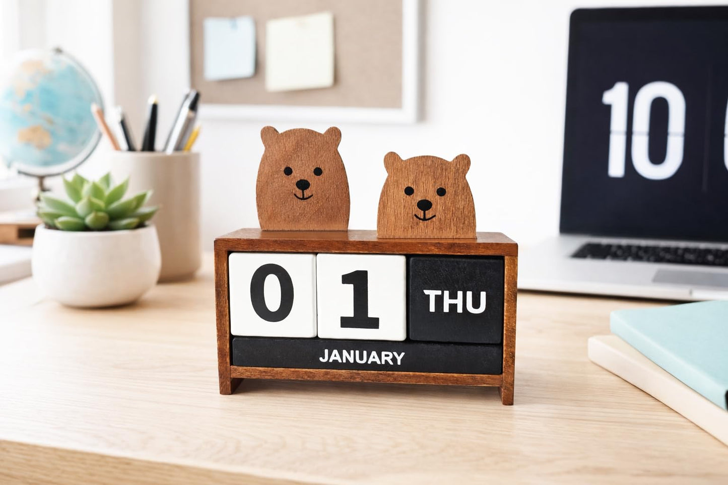 Wooden Perpetual Block Calendar for Desk, Wood Month Date Display Blocks for Teachers, Students, Classroom, Rustic Farmhouse Office Decor, Desk Accessories (Two Cute Bears)