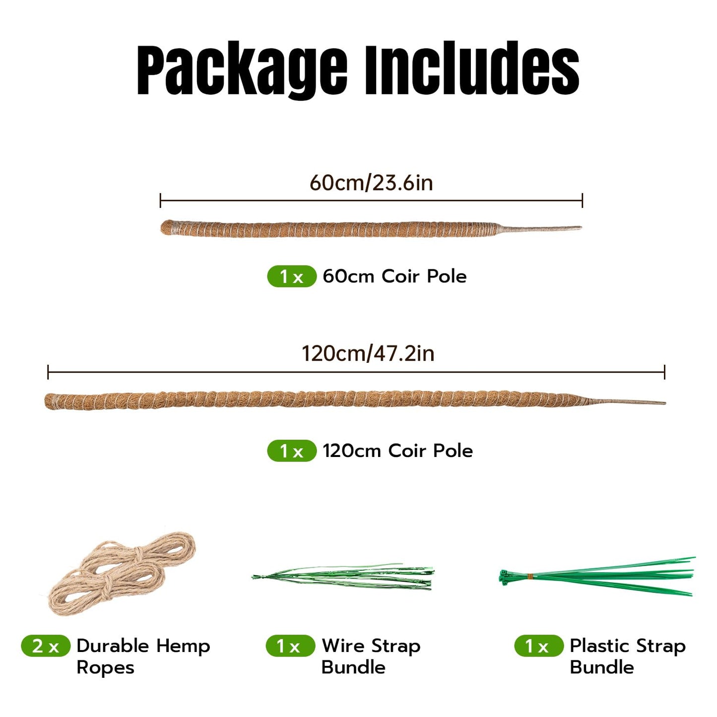 Mcbazel 2 Pack Bendable Moss Pole Kit (47" & 23") for Plants Monstera - Mixed Size Coco Coir Plant Support Stakes for Tall & Medium Indoor Vines - Flexible Totem Stick with Full Garden Ties