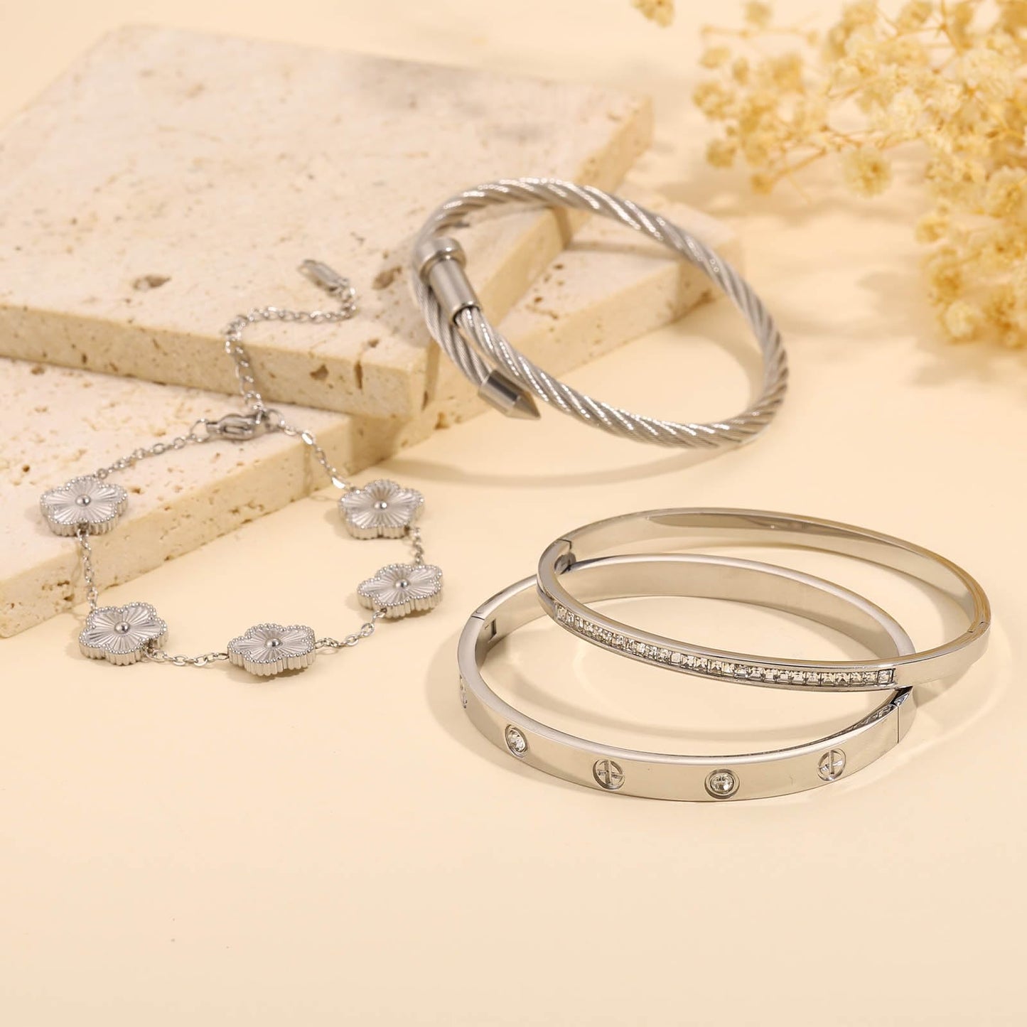 ISELBDR 18K Silver Bracelets for Women - Stackable Clover & Nail Love Bangle Set - Non-Tarnish Stainless Steel Jewelry for Valentine's, Mother's Day & Christmas (Silver-1)