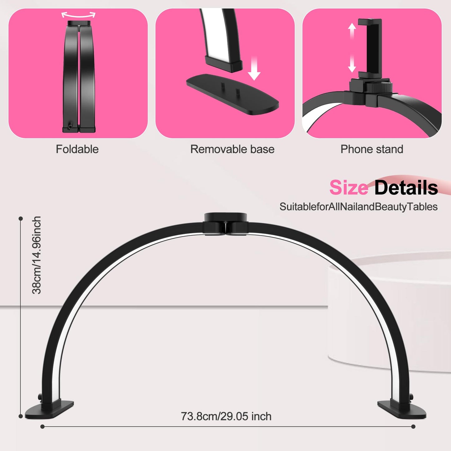 Half Moon Light for Nail Desk: 29in LED Arch Nail Tech Table Lamp with Phone Holder - Salon Professional Desk Light 3 Color Modes & 10 Brightness Lighting for Manicure Technician Use(Black,Large)