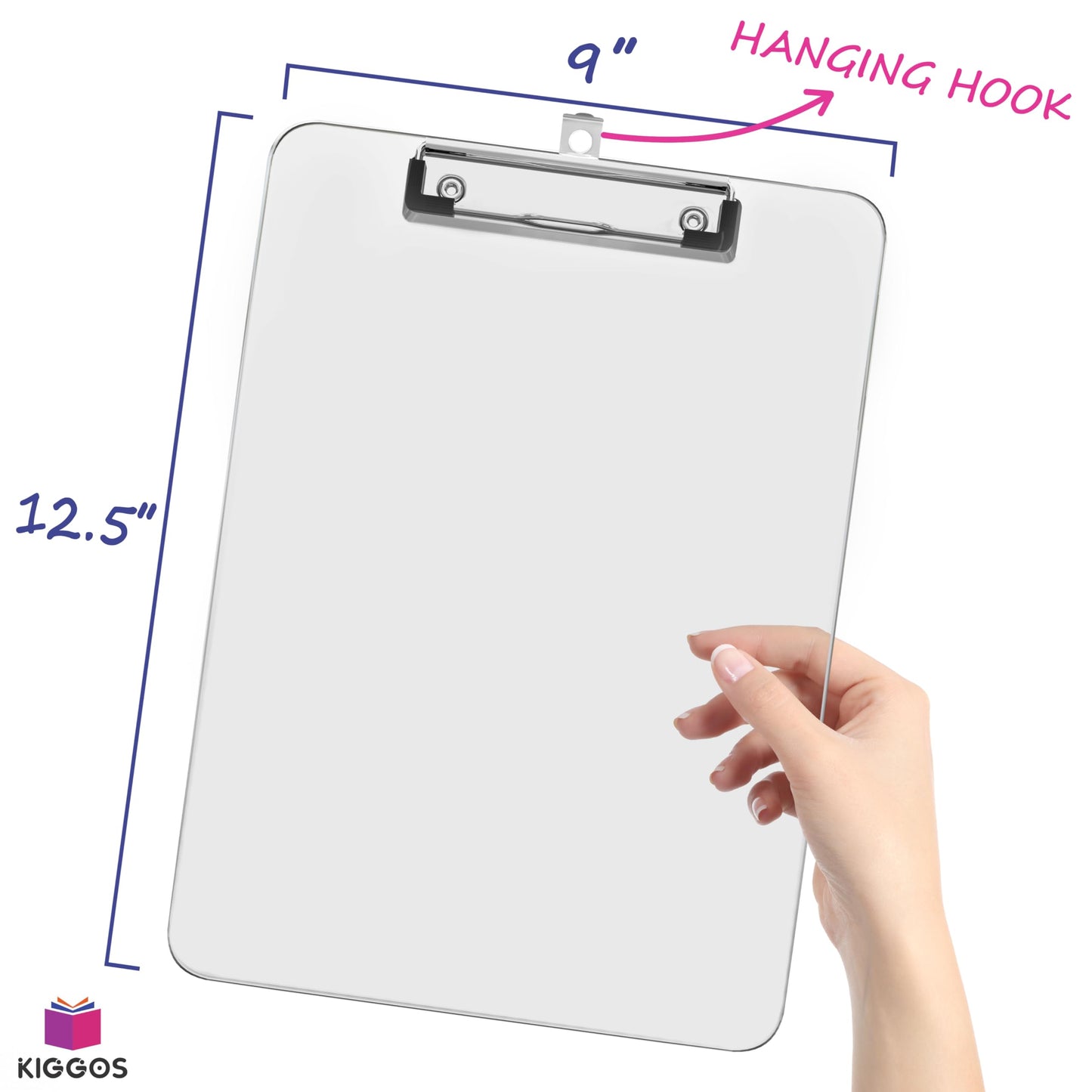 Kiggos 25 Pack Acrylic Clear Clipboards Bulk Plastic Clipboard with Low Profile Metal Clip 12.5 x 9 Inch Letter Size Classroom Set with Hanging Hook Holds 100 Sheets