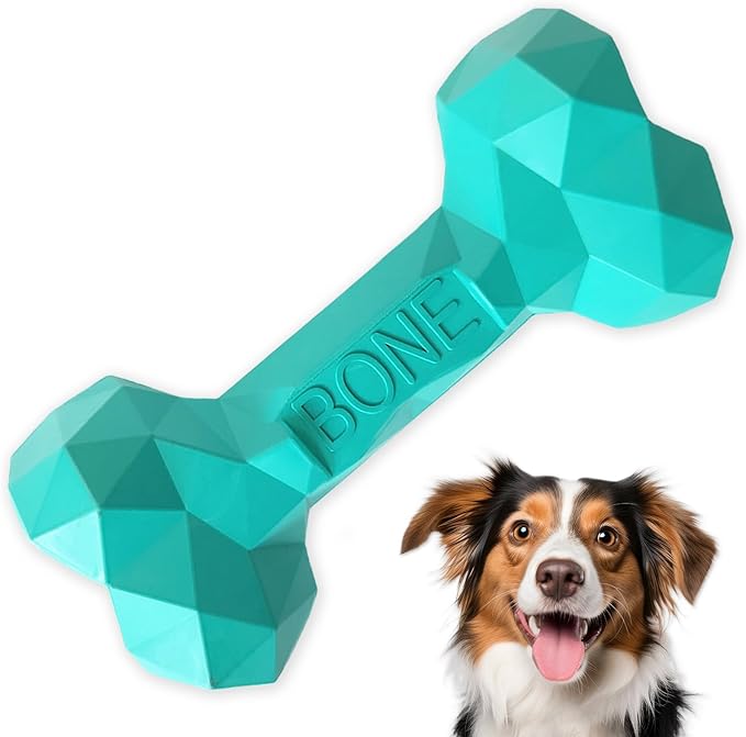 NOOVIA Durable Dog Chew Toy Rubber Bone 100% Natural Bite-Resistant Interactive Pet Toys for Dogs, Diamond Texture Modern Geometric Design (Lake Green, Small)