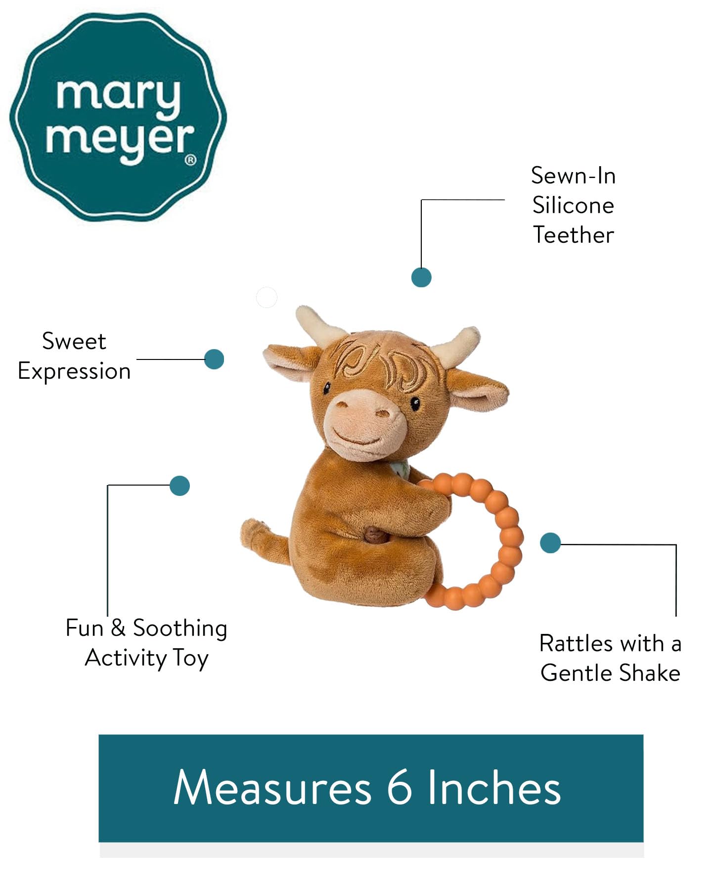 Mary Meyer Soft Baby Rattle with Soothing Teether Ring, 6-Inches, Hetty Highland Cow
