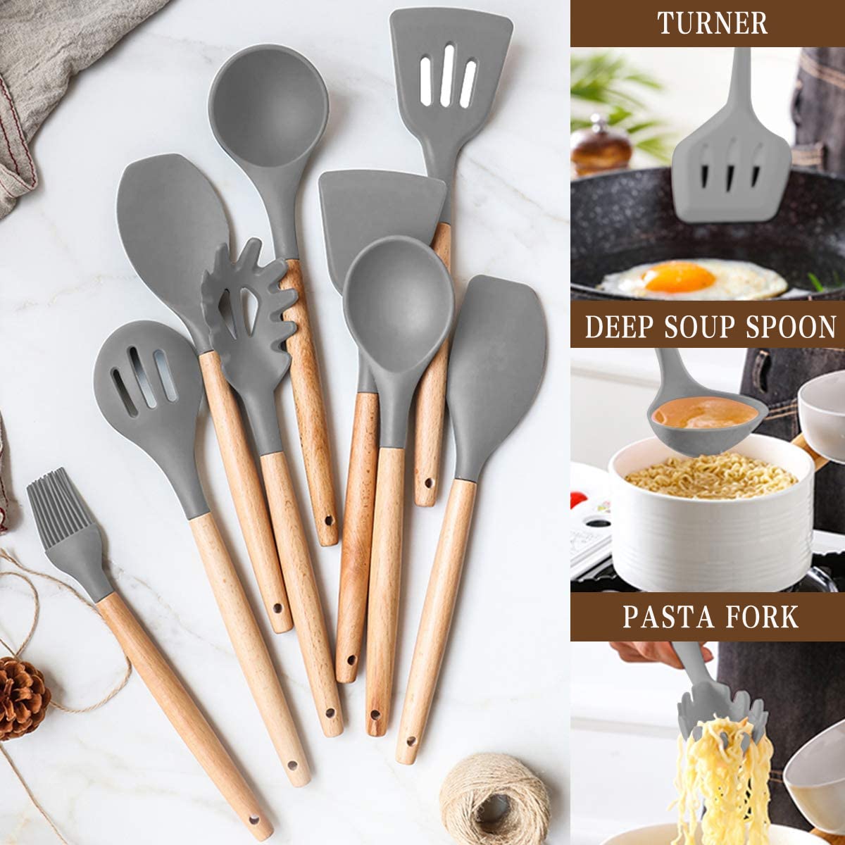 Umite Chef Kitchen Cooking Utensils Set, 33 pcs Non-stick Silicone Spatula Set with Holder, Woodle Handle Heat Resistant Gadgets Utensil (Gray)