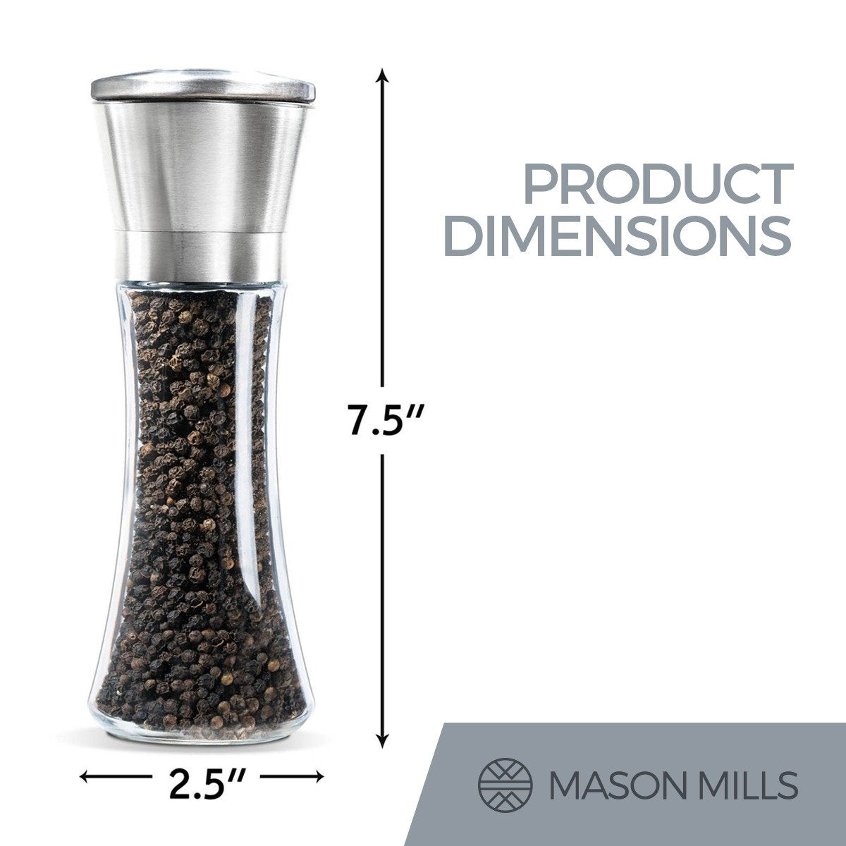 Prefilled Stainless Steel Salt and Pepper Grinder - Includes Pink Himalayan Salt - Glass and Stainless Steel Mill - Large Capacity Shaker - Top Loading Design by Mason Mills