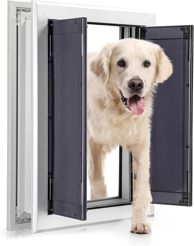 Qeelko Aluminum Pet Door with Panels,Durable Dog Door with Automatic Closing Magnetic Flaps, Slide-in Panel & 4 Security Locks, Suitable for Interior and Exterior Doors, Screen and Wall, Large, Sliver
