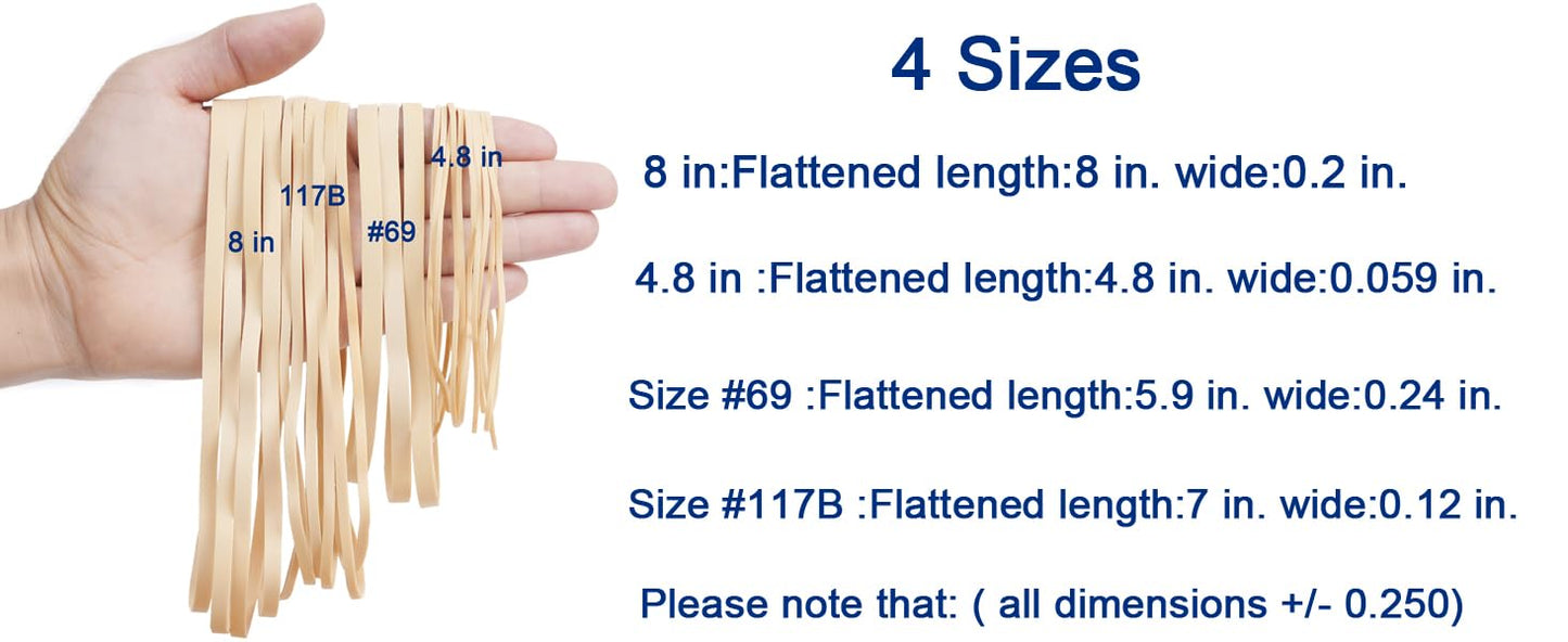 Rubber Bands Assorted Sizes 0.5lbs 4 sizes large rubber bands heavy duty Elastic Bands Tactical rubber band for Office supplies size#69,size#117B,size#8in,size(4-4/5" x 1/16")