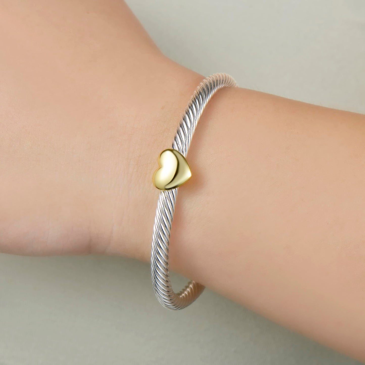 UNY JEWEL Jewelry Two Tone Single Heart Station Twisted Cable Wire Look Alike Cuff Bangle Bracelet Makes a Stylish