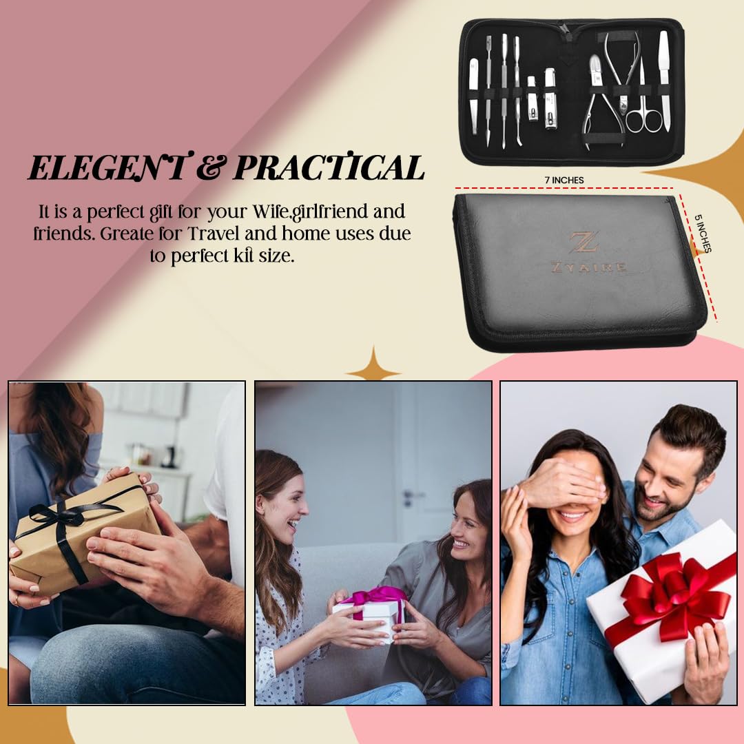 Manicure Pedicure Set - 10-in-1 Stainless Steel Grooming Kit, Personal Care Tools, Nail Nipper, Cuticle Cutter, Scissors, Tweezers, Blackhead Remover, Nail File & Case (Black)