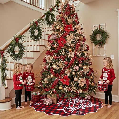 OurWarm 72 Inch Christmas Tree Skirt, Buffalo Plaid Tree Skirt for 7.5 ft Tree to 12ft Tree, Double Sided Burlap Tree Skirt Snowflake Xmas Tree Skirts for Winter Rustic Boho Farmhouse Tree Decor