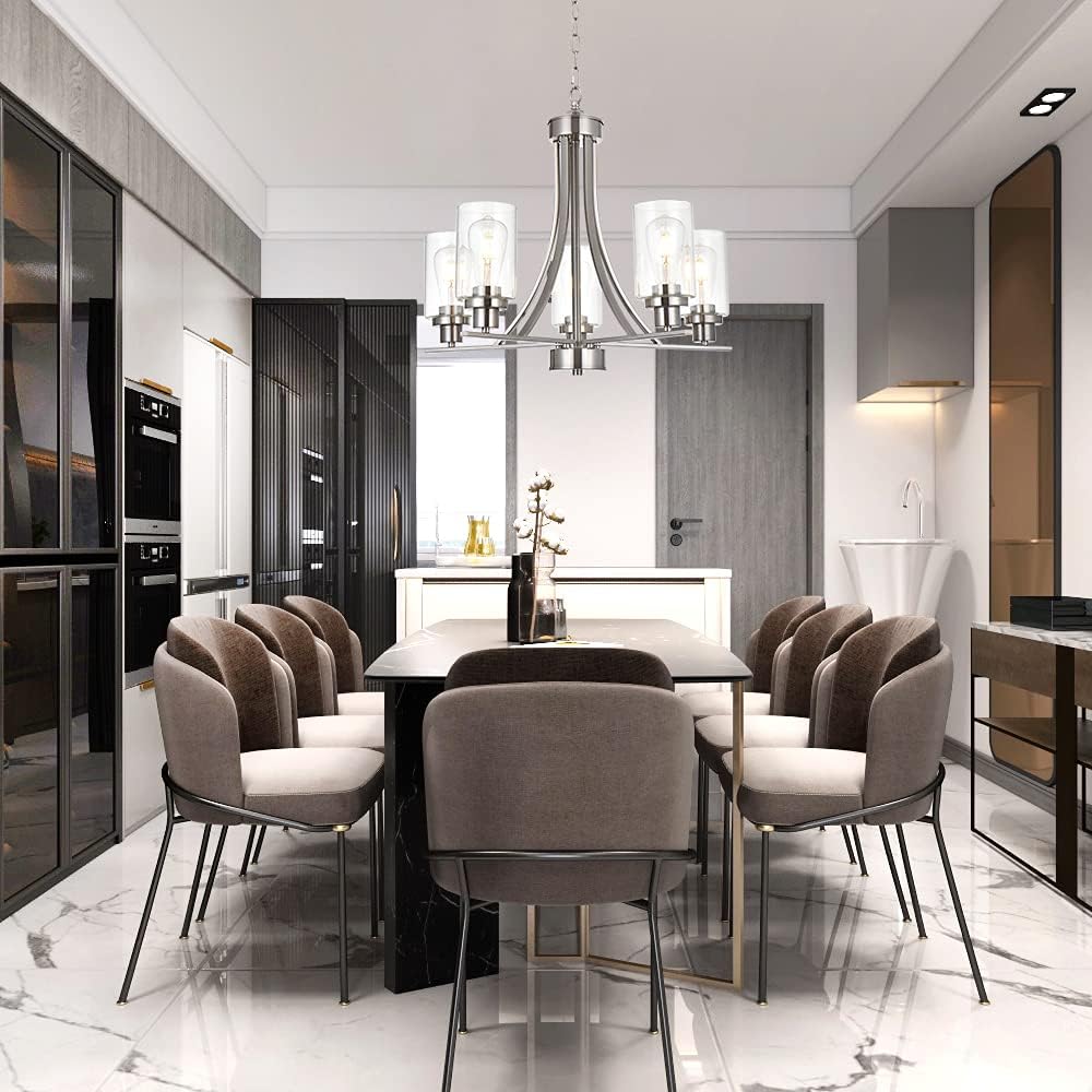 BONLICHT Traditional Chandelier Lighting 5 Light Brushed Nickel Modern Light Fixtures Hanging Pendant Lighting with Clear Glass Shade Classic Ceiling Lights for Kitchen Dining Room Living Room Island