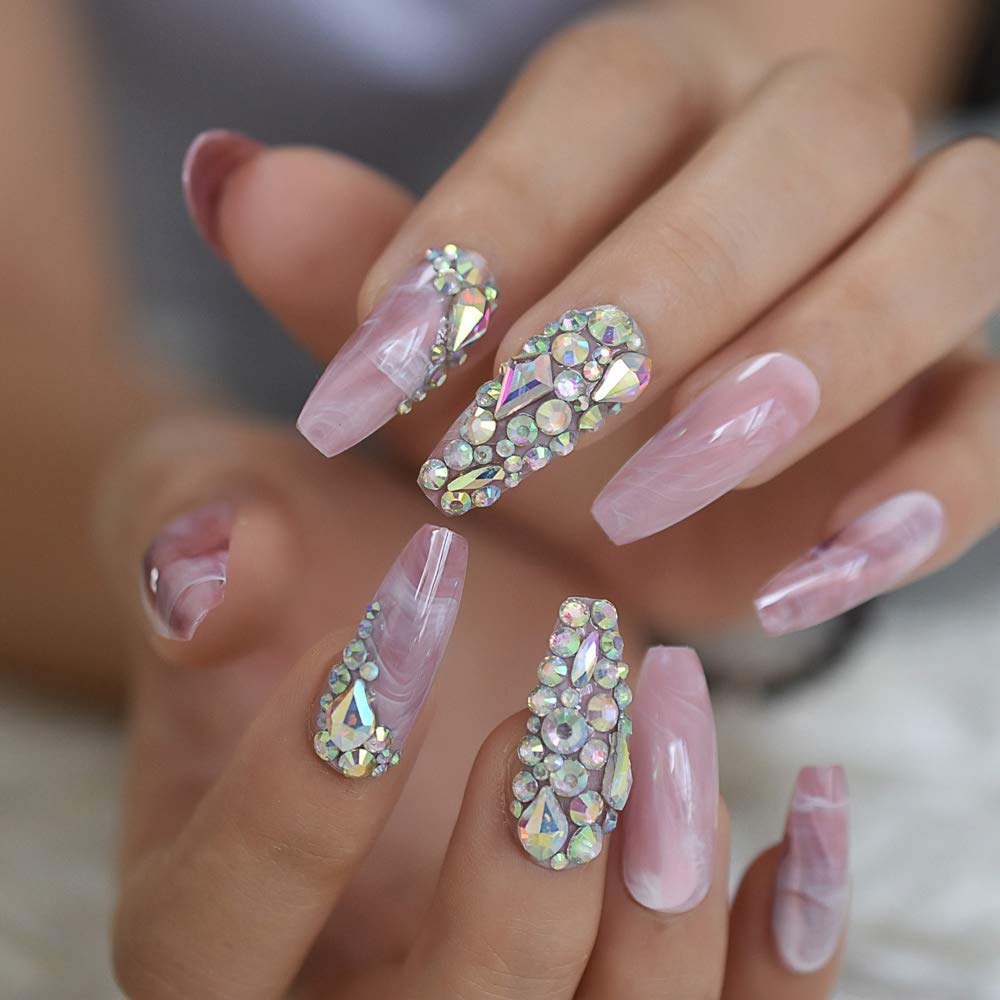Marble Faux Ongles Large Pink Stones Pre-designed Luxurynails Extra Long Coffin Shape Ladies Party Wedding Decoration Accessories