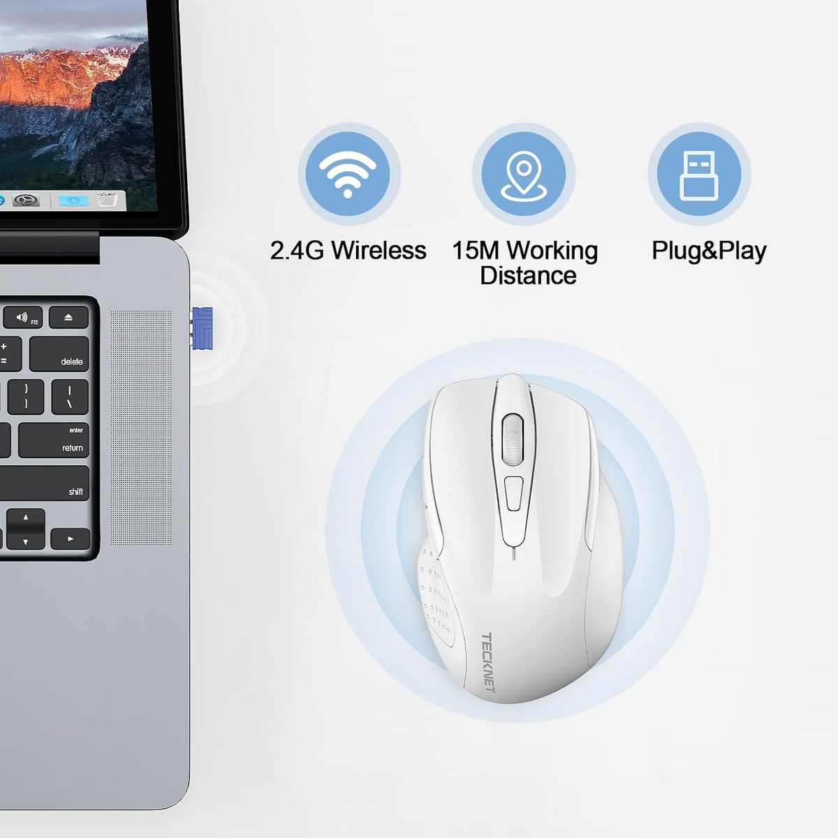 TECKNET Rechargeable Wireless Mouse, 2.4G Silent Mouse, Quiet Click, 6 Adjustable 4800 DPI, Cordless Computer Mouse, Ergonomic Mouse for Laptop, 6 Buttons USB Mouse for Chromebook, Ergo Grip - White