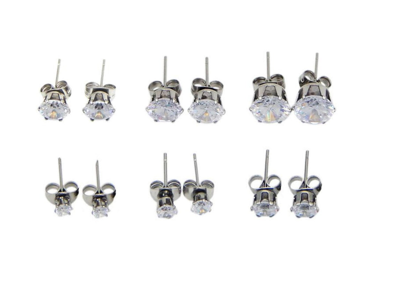 Stainless Steel Stud Earrings Hypoallergenic Cubic Zirconia (6Pairs) (Silver)