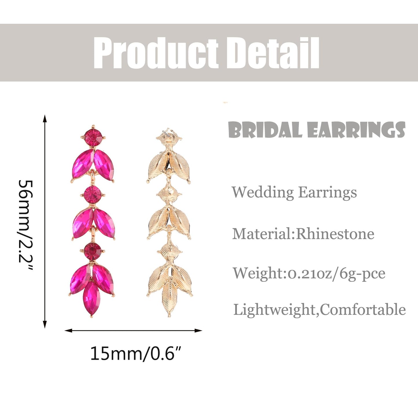 GAOKOXI Hot Pink Wedding Rhinestone Dangle Earrings Elegant Bridal Crystal Drop Earrings for Women Bridesmaids Guest Party Valentine's Day
