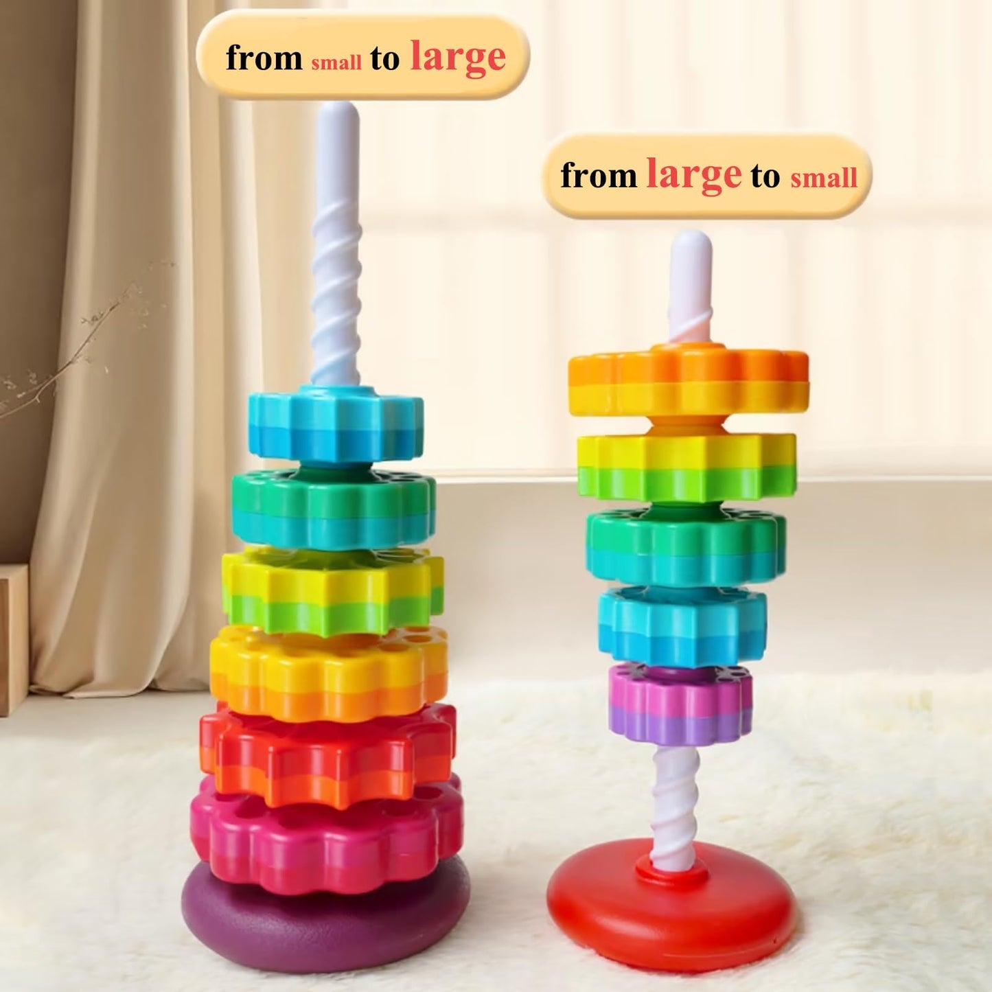 Baby Spinning Stacking Toys, Spin ABS Plastic and Color Rainbow Design Ring Stacker Baby Toys 6 to 12 Months Montessori Educational Learning Autism Sensory for Boys and Girls