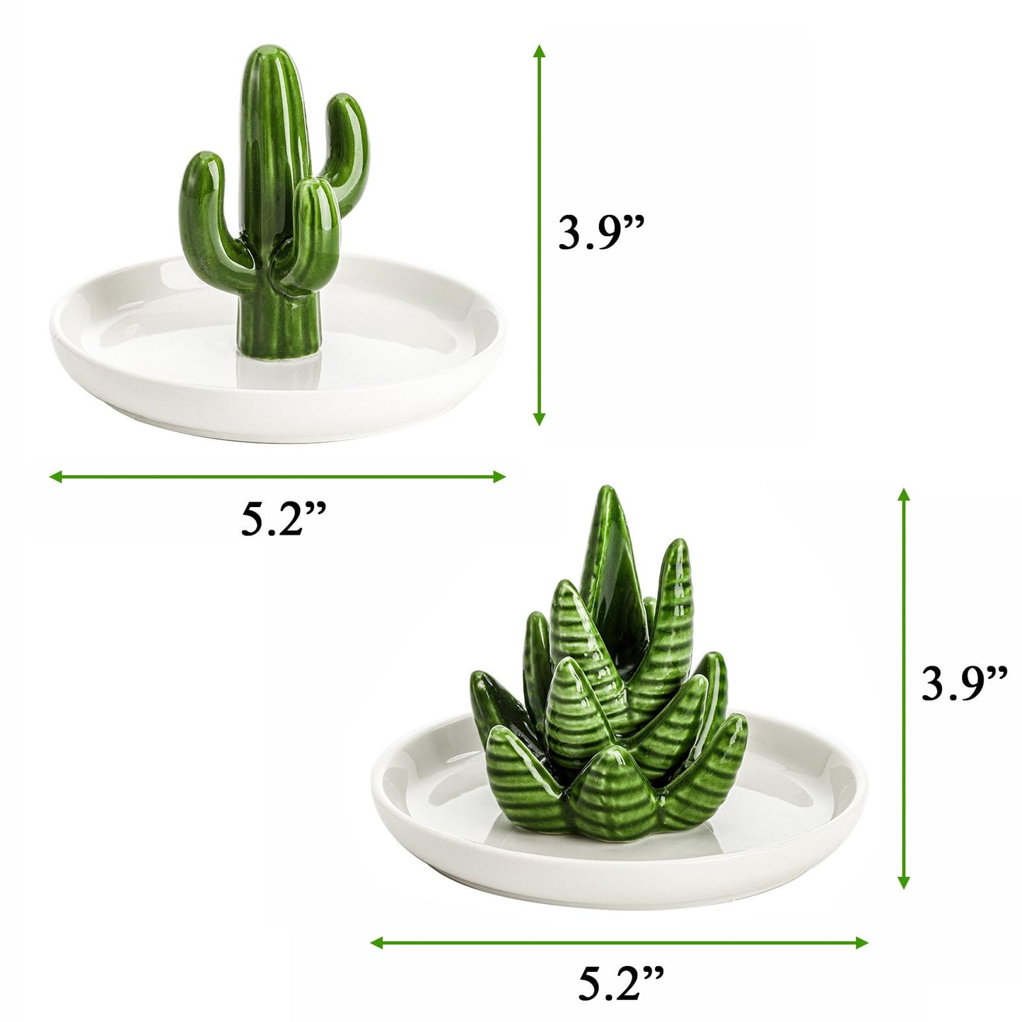 Elsjoy Set of 2 Ceramic Ring Holder Dish, Decorative Round Jewelry Display Trays, Aloe & Cactus Small Trinket Plate for Home, Gift, Mother's Day