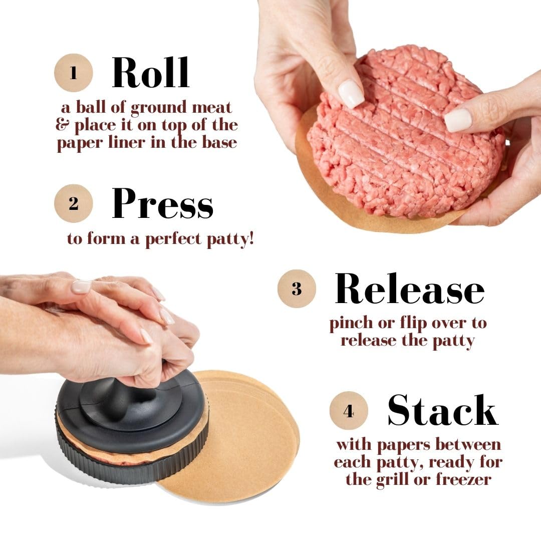 BRAVADIN Silicone Non-Stick Hamburger Press Patty Maker 1/3 lb with 100 Papers for 4.5-6" Patties with Ring Mold- Dishwasher Safe Burger Smash Press for Griddle-Burger Shaper Form Tool