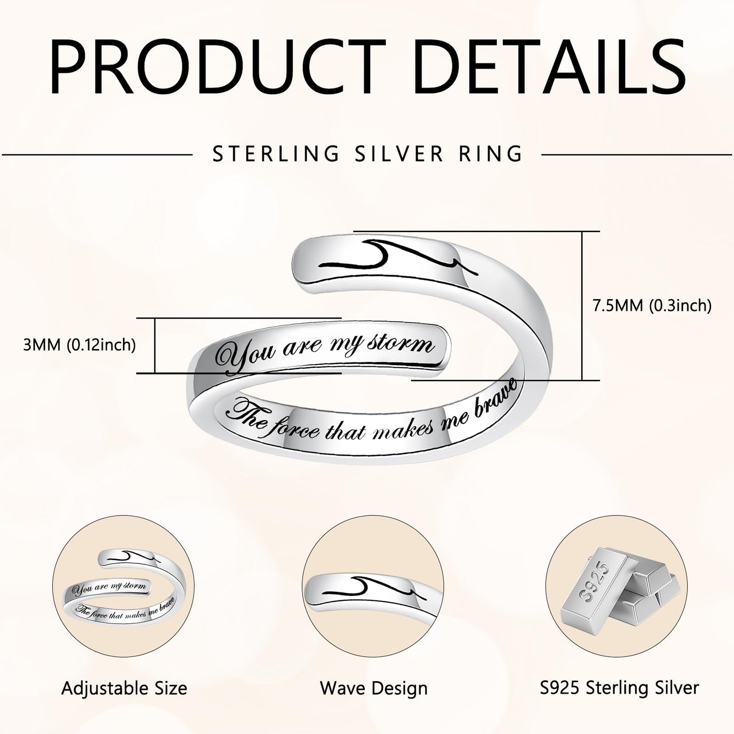JXJL S925 Sterling Silver Inspirational Jewelry Rings Adjustable Ring Personality Encouragement Gift for Teens Women