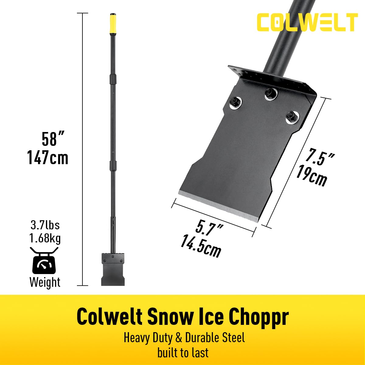 Colwelt Metal Snow Shovel 58’’, Heavy Duty Ice Scraper for Driveway, Snow Ice Chopper Shoveling Tool with Thickened Blade, Ice Shovel for Sidewalk Ice Removal, Flat Shovel Floor Cleaning Scraper