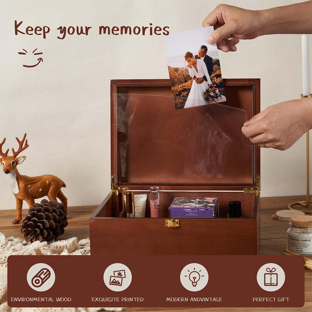 Larger Wooden Memory Keepsake Box with Hinged Lid & 8x10 Photo Frame Inside Lid – Decorative Storage Box With a Hinge Lids for Pictures, Letters & Time Capsule – Wooden Gift Box, 5.3” x 8.6” x 11.7”