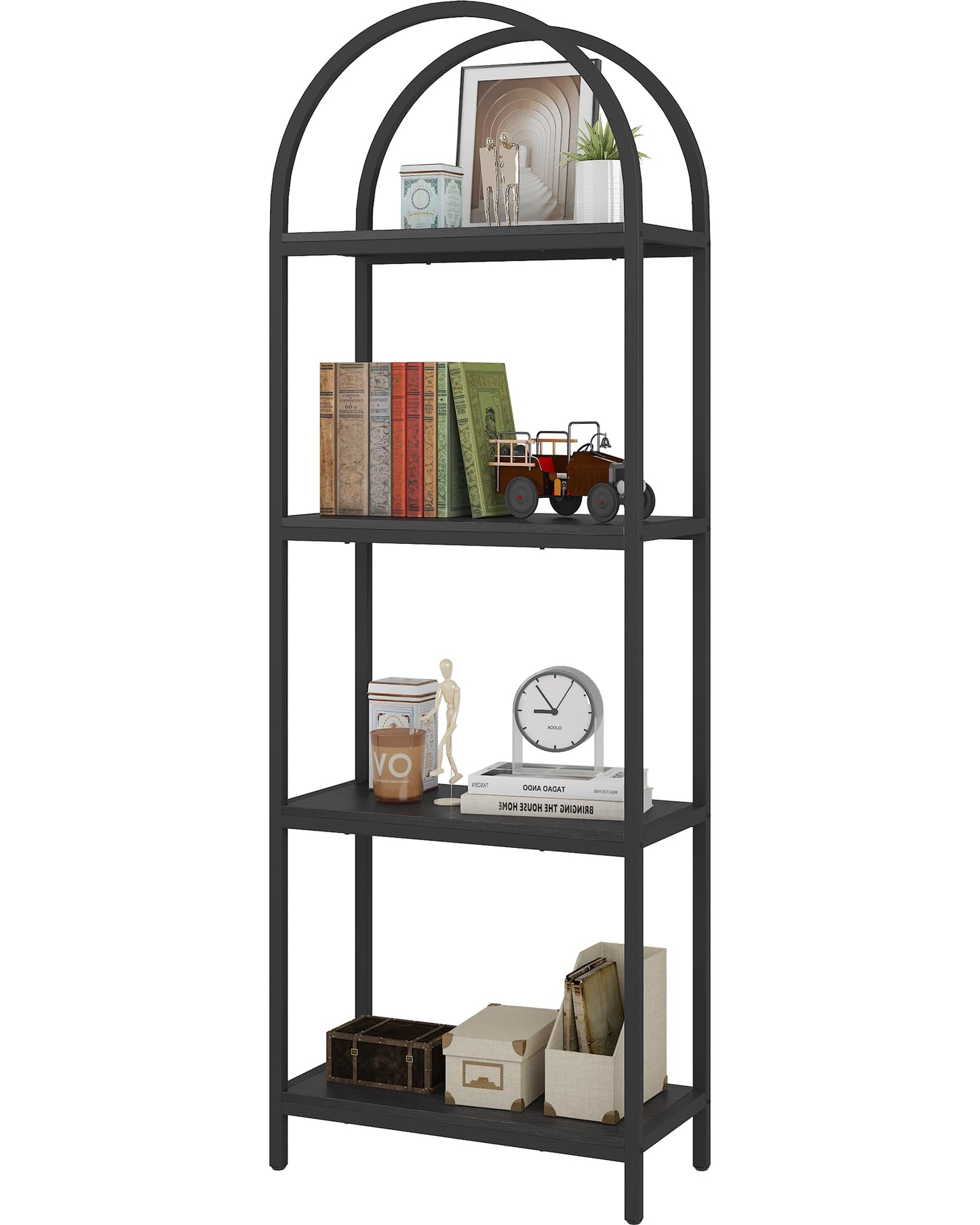 Yusong Bookshelf 4 Tier Arched Bookcase, 71.3" Tall Industrial Open Book Shelves for Living Room, Modern Freestanding Display Shelving Unit Storage Rack with Metal Frame, Office, Bedroom, Black