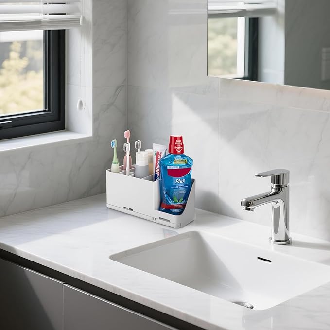 Toothbrush Holder for Bathroom Organizer with Diatom mud Board,Detachable 8 Slots Kids Electric Toothbrush Holder and Toothpaste Stand for Countertop Accessories Storage (White)