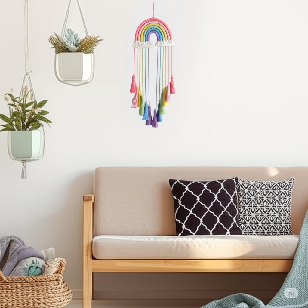 Honcas Rainbow Macrame Wall Hanging - Hand-Woven Cotton Tassel Tapestry Decor for Baby Room, Nursery, and Home Decor (Pink Rainbow)