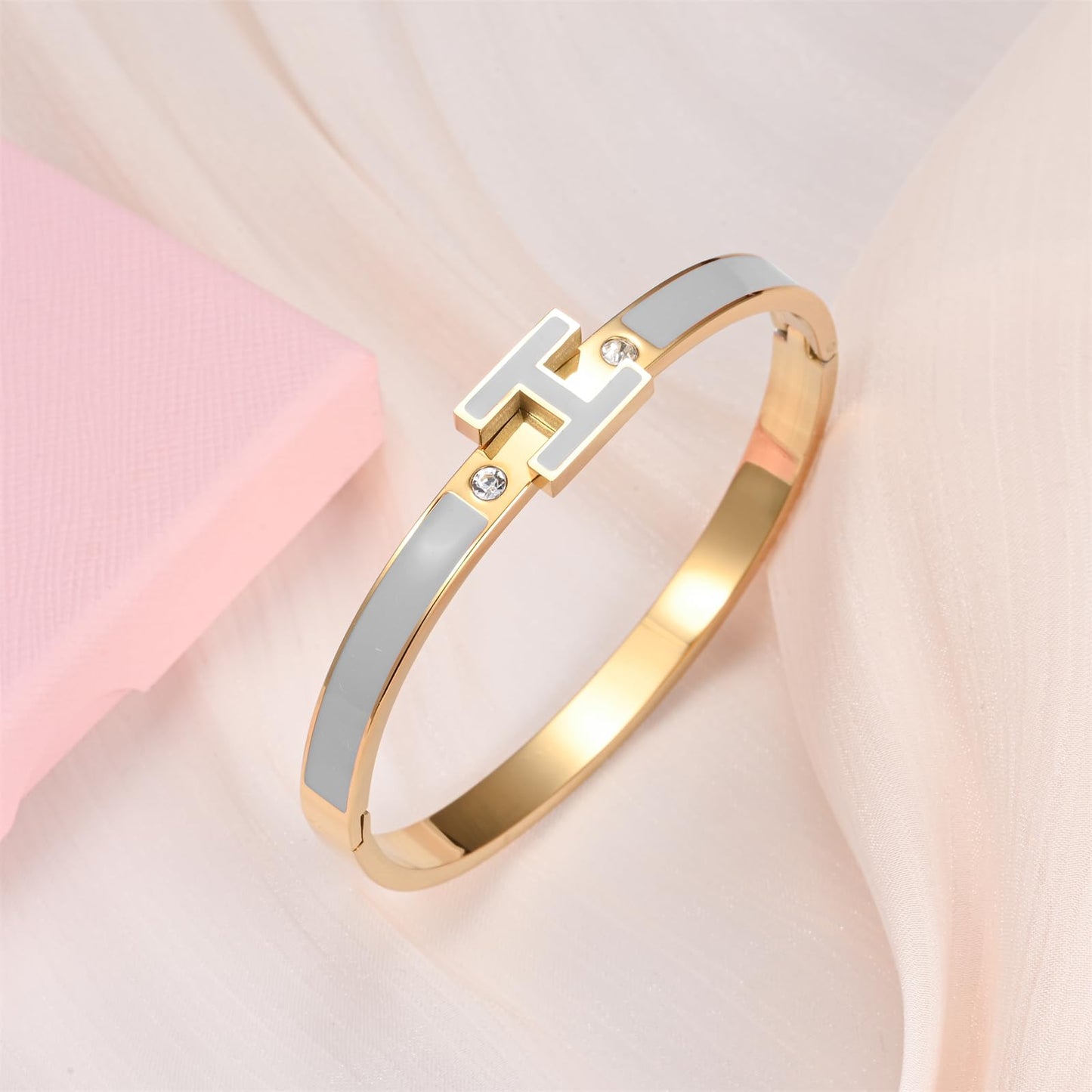 Hothink Gold Bracelets for Women, H Bangle Bracelet, Dainty 18K Gold Plated Stainless Steel Enamel Bracelet for Everyday, Work, Party, Stackable Gift for Mom, Wife, Girlfriend