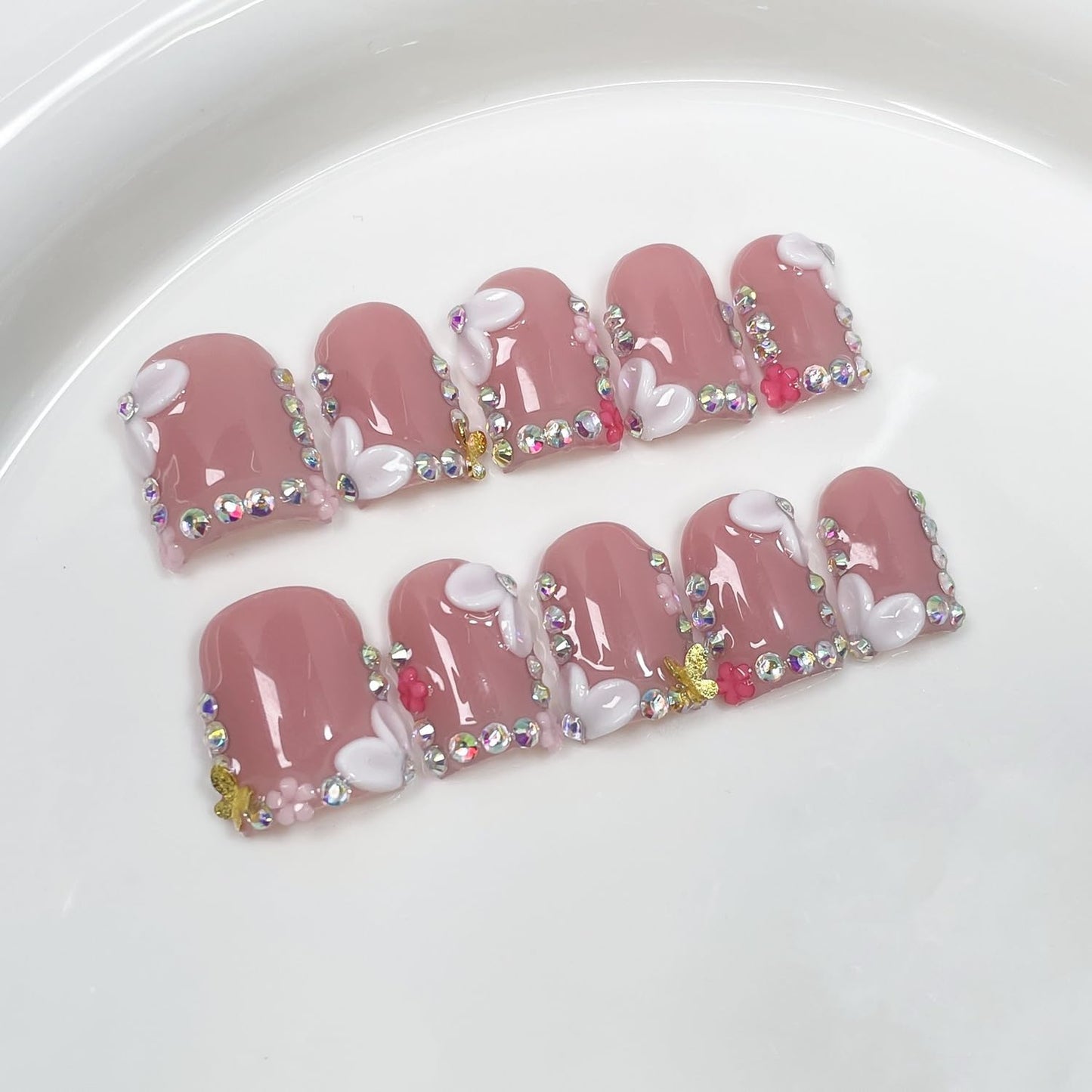 Handmade Square Press on Nails Short Rhinestone French Tip Fake Nails with Luxury 3D Flower Designs Muti-Layer Gel False Nail Full Cover Acrylic Nails Stick on Nail for Wome (Size M)