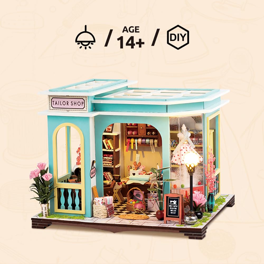 DIY Miniature Dollhouse Kit, Mini House Making Kit with Furnitures and Light, Tiny House Kit to Build for Adults, Hobby Craft Gift for Mothers Day, Tailor's Shop