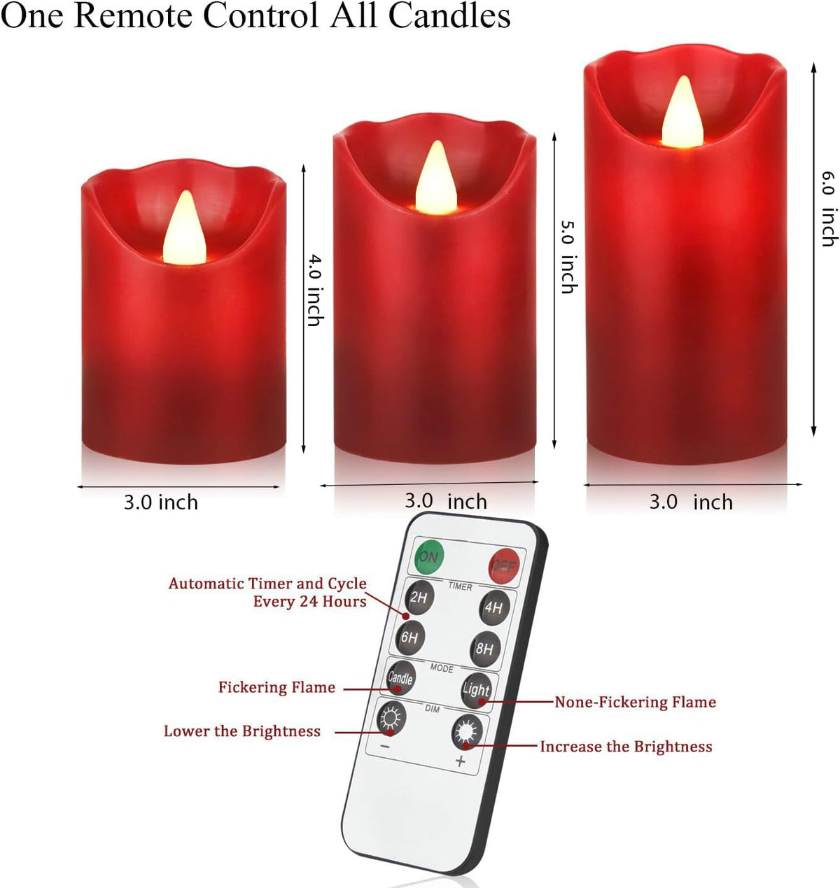 Flameless Battery Operated LED Candles with10key Button Remote Control 24-Hour Timer Set of 3 Electric Flickering Pillar Real Wax,Wedding, Party, Home Decoration (Red)