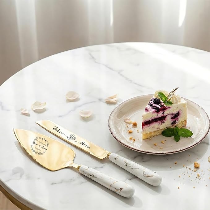 Personalized Gold Wedding Cake Knife and Server Set - Custom Engraved Stainless Steel Cake Pie Pastry Servers Cutter Set with Marble Pattern, Elegant Gift for Wedding Anniversary Birthday Christmas
