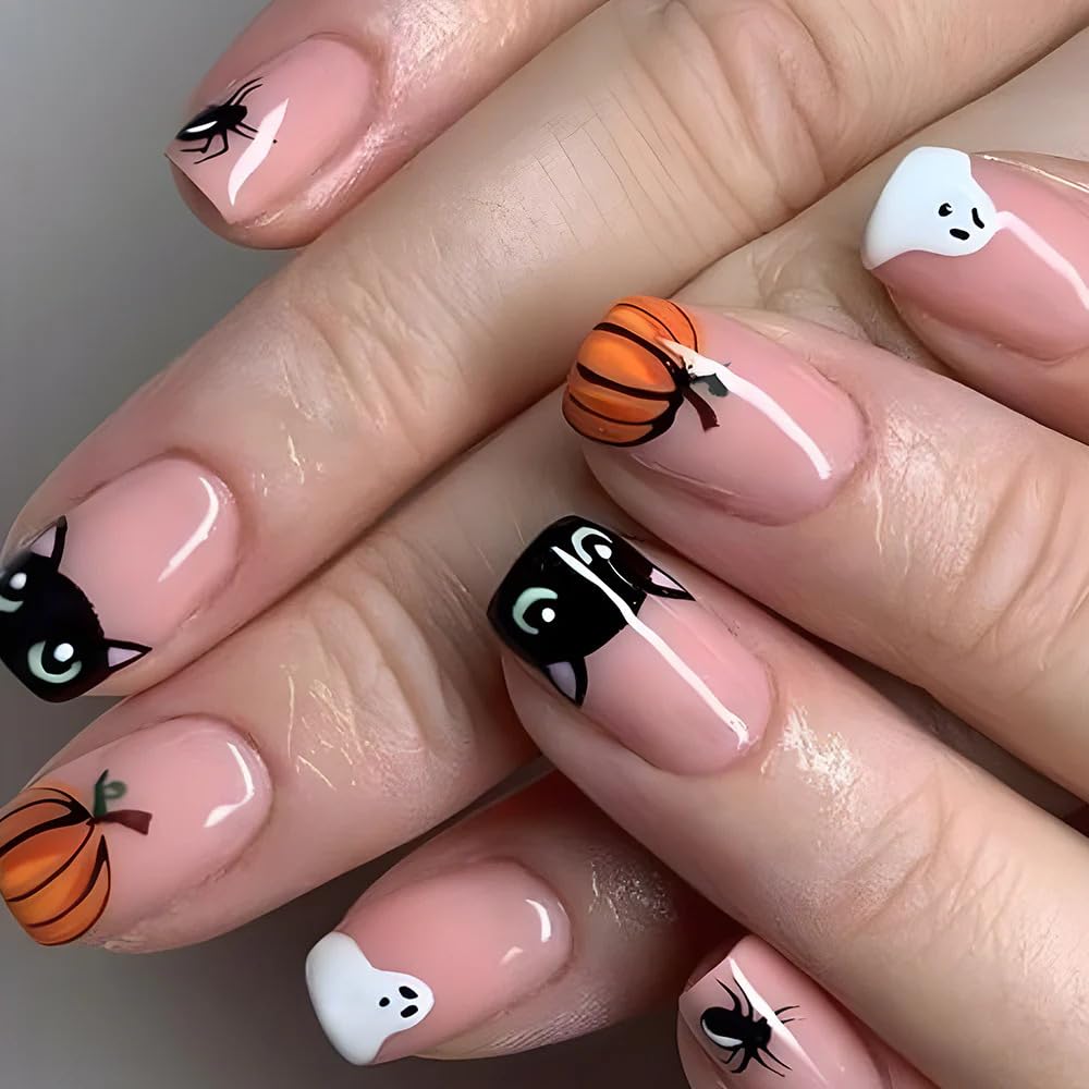 Curvlife Press on Nails Acrylic Fake Nails with Design Full Cover False Nails Reusable Nail Kit with Nail Glue Adhesive Tabs Nail File Artificial Glue on Nails (Halloween colours1)