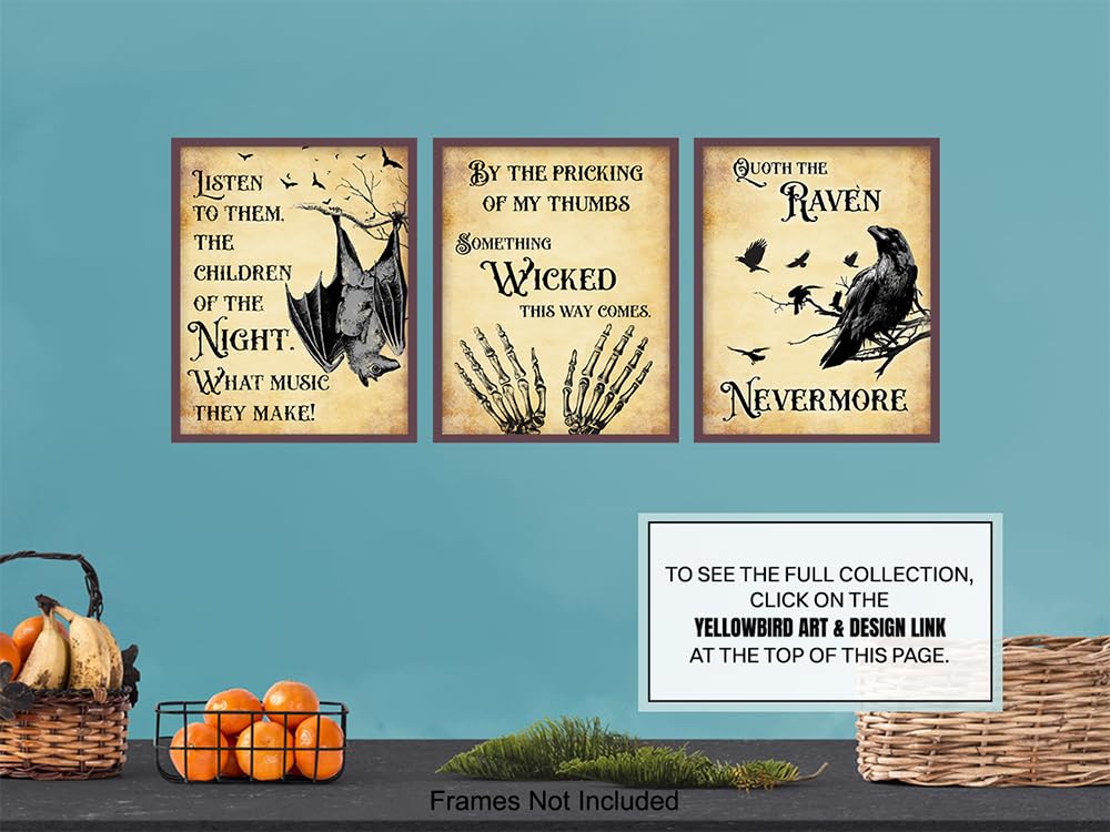 Vampire Bat, Edgar Allan Poe, The Raven Quotes Set - Creepy Spooky Bram Stoker Dracula, Shakespeare Witch, Witchcraft - Medieval Gothic Home Decor - Funny Bathroom Wall Art & Decor 11x14