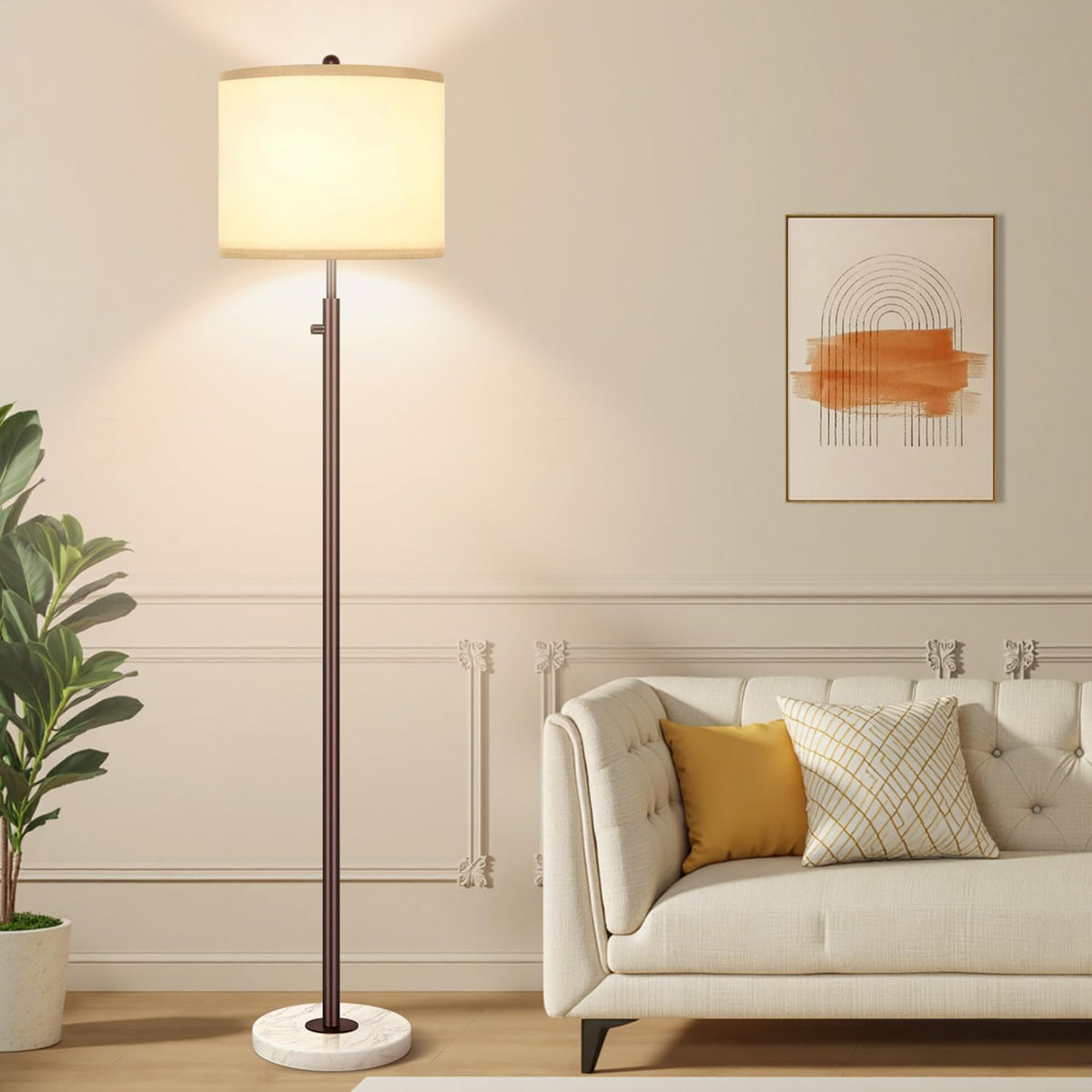 Nintiue 【Upgraded】 Dimmable Floor Lamp for Living Room, 11W LED Bulb Included, Modern Standing Lamp with Marble Base, Tall Pole Light with Linen Shade for Bedroom Reading Office Corner Nursery-Brown