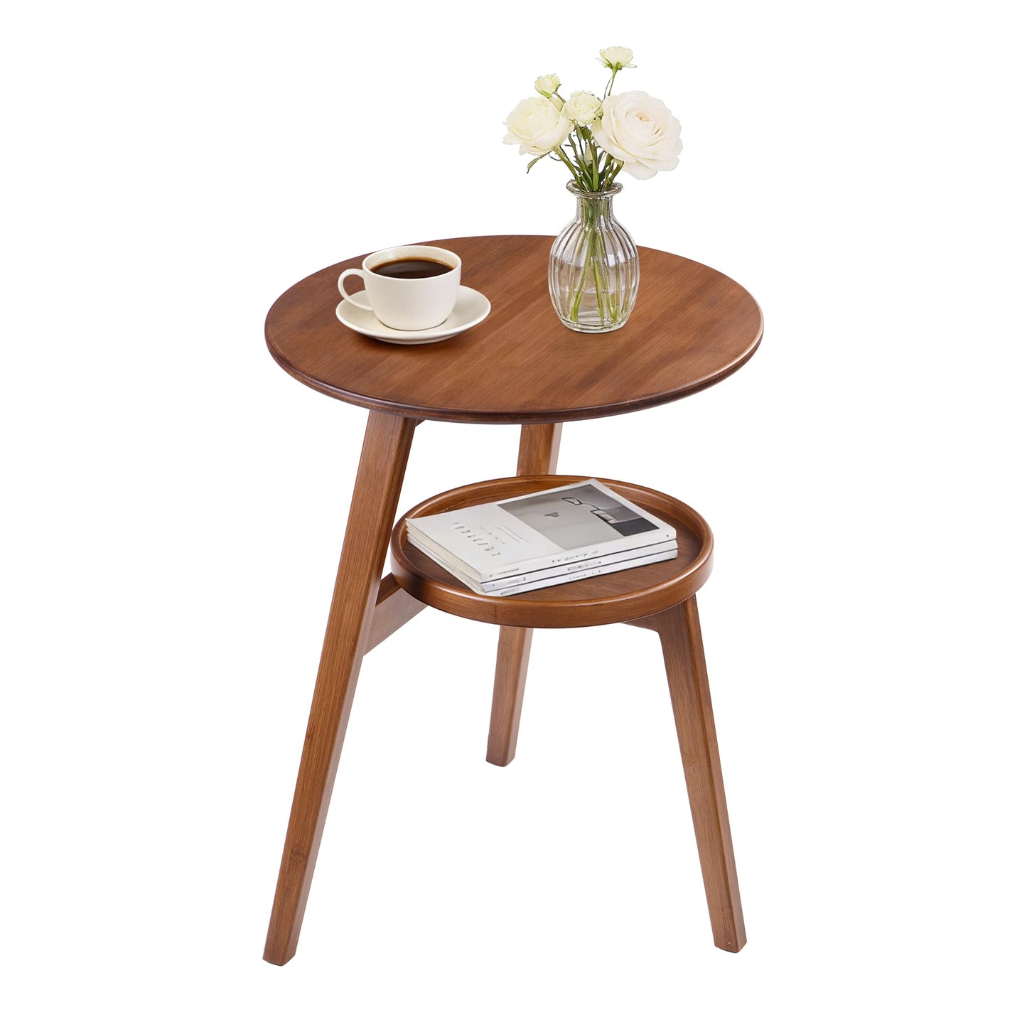 VELOHEIM Bamboo Round Side Table, 2-Tier Small Space End Table with Storage Shelf, Mid-Century Modern Rustic Style Narrow Table for Living Room Bedroom Sofa Side