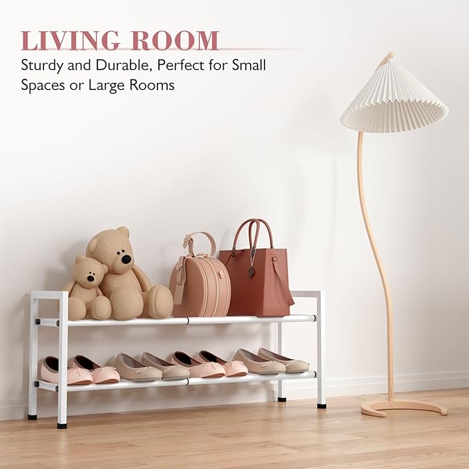 Bumusty 2-Tier Expandable Shoe Rack for Closet, 18“-33” Adjustable Shoe Rack for Small Space, Small Shoe Organizer for Front Door, Sturdy Metal, White
