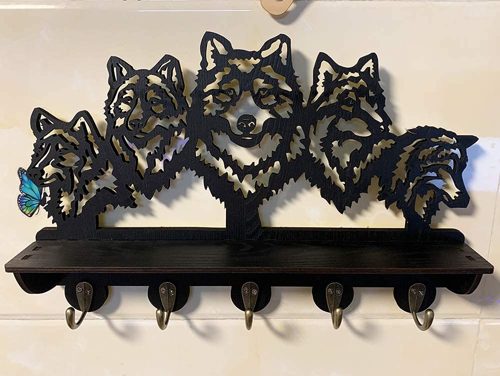 KingLive Wolf Wall Mount Coat Rack,Animal Wall Shelf with Heavy Duty Coat Hooks, Home Living Room Bedroom Decor for Hallway Kitchen Office Entryway, Wolf Wall Hook Gifts for Men(5 Hooks)