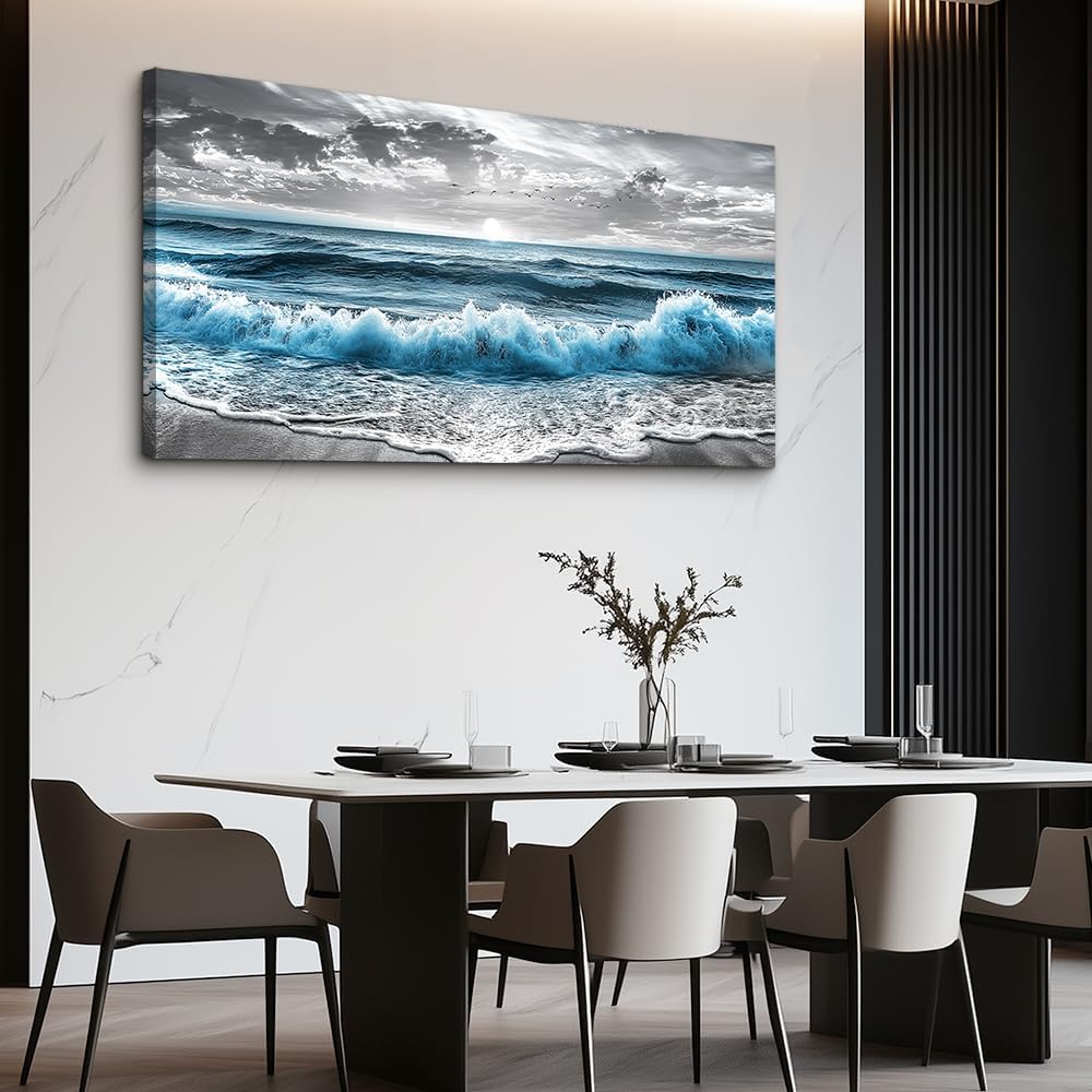 ZUITINGHUA Large Wall Decor For Living Room Canvas Wall Art For Office Modern Wall Decorations For Bedroom Sea Wave Landscape Painting Black And White Pictures Artwork Room Home Decor 24x48 In