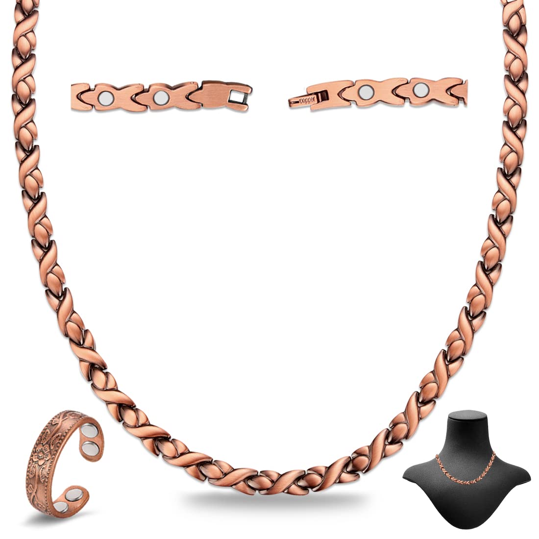 Cigmag Copper Necklace for Men Women - Magnetic Necklace 99% Solid Pure Ring Set Ultra Strength Magnets - Copper Chain with Adjustable Sizing Tool and Present Box