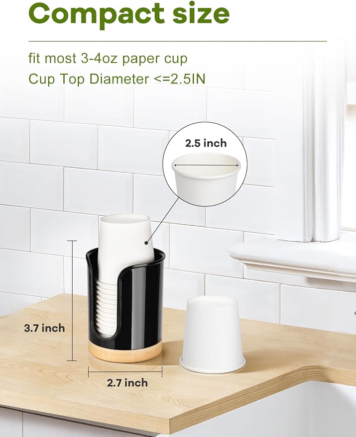 Bathroom Cup Dispenser - Small Cup Holder for Dixie 3 oz Bathroom Cups, Mouthwash Cups, 3 4 Ounce Cup Dispenser - PC/Bamboo, Black, Pack of 1