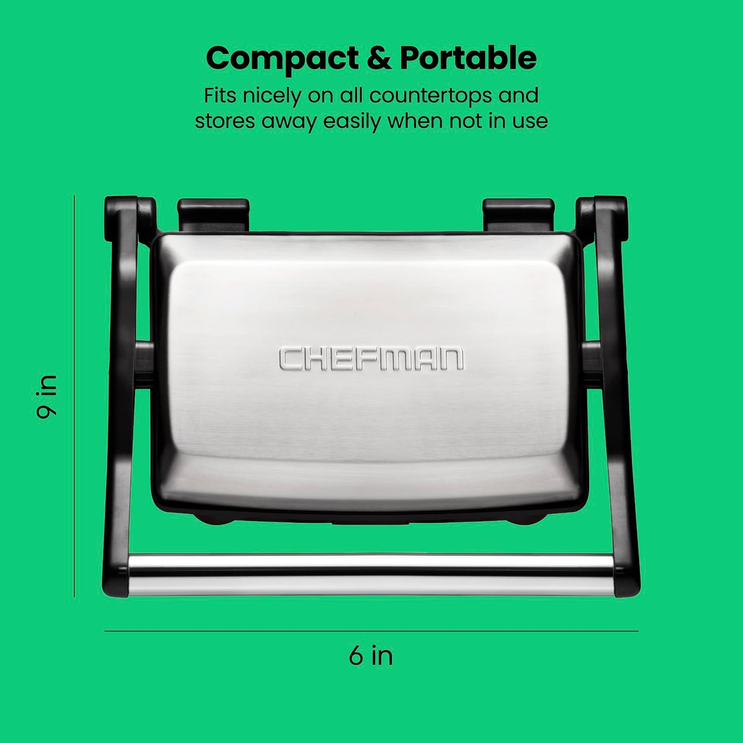 Chefman Electric Panini Press Grill, Compact 2-Slice Sandwich Maker, Non-Stick Coated Plates, Opens 180 Degrees, Dishwasher Safe, Removable Drip Tray, Stainless Steel/Black