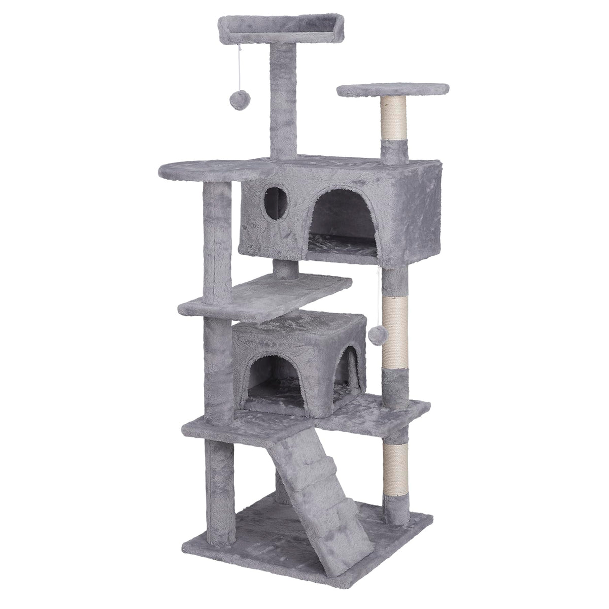 54-inch Cat Tree with Sisal-Covered Scratching Posts, Sturdy Standing Cat Tower for Indoor Kittens, Multi-Level Platforms, Perches, Condo and Hanging Ball for Cats to Play and Sleep