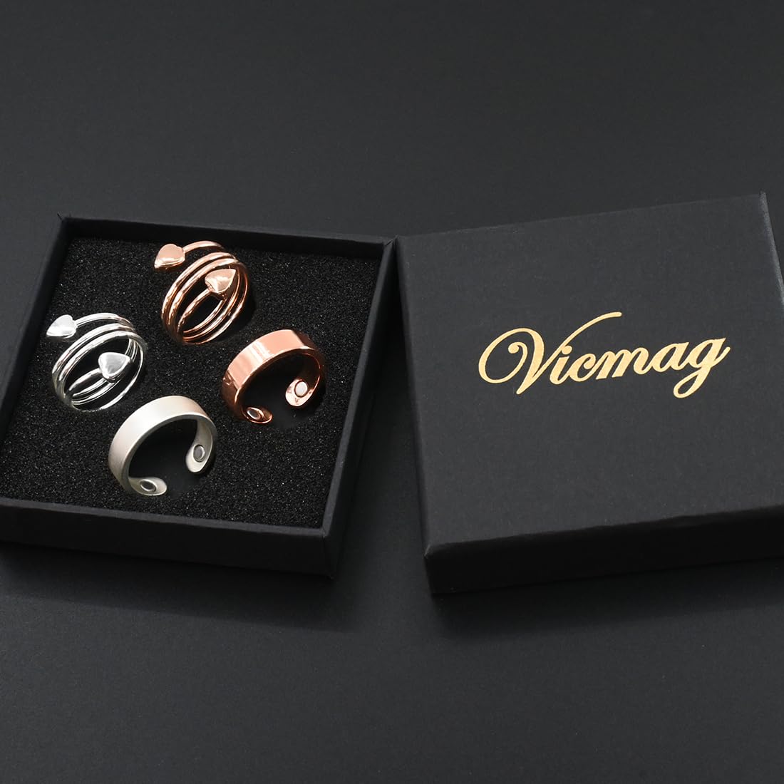 Vicmag Copper Magnetic Ring for Women, Magnetic Rings Ladies Fingers Thumb 100% Solid Pure Copper Jewelry Gift Adjustable(4PCS Glossy & Love)