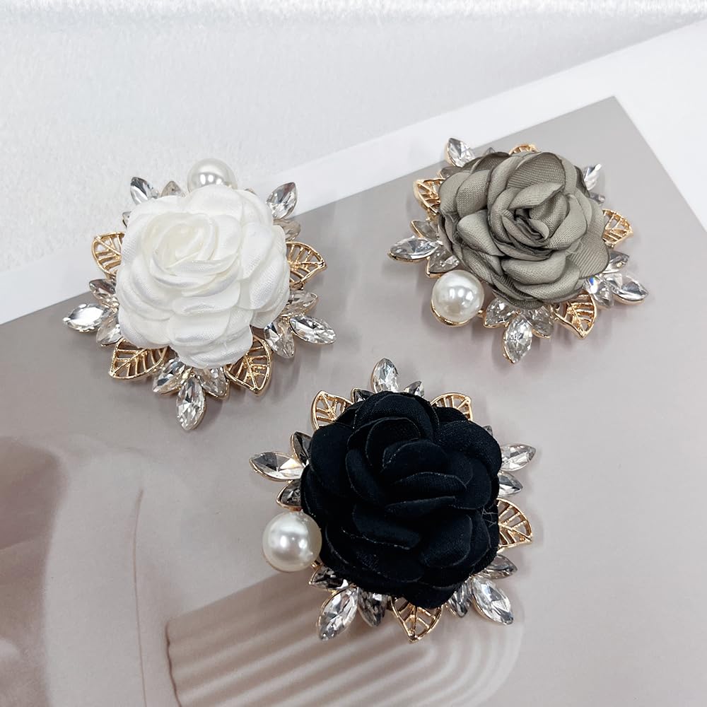 Elegant Rose Flower Brooch Pin for Women Men Wedding Party Gentleman's Essentials Handmade Imitation Crystal Pearl Fabric Flower Lapel Pin Dress Suit Accessories Boutonniere Ideas Gift (Black)