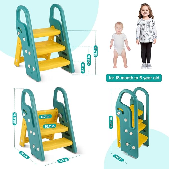 Onasti Foldable Toddler Step Stool for Bathroom Sink, Adjustable 3 Step Stool for Kids Toilet Potty Training Stool with Handles, Child Kitchen Counter Stool Helper, Plastic Ladder for Toddlers Green