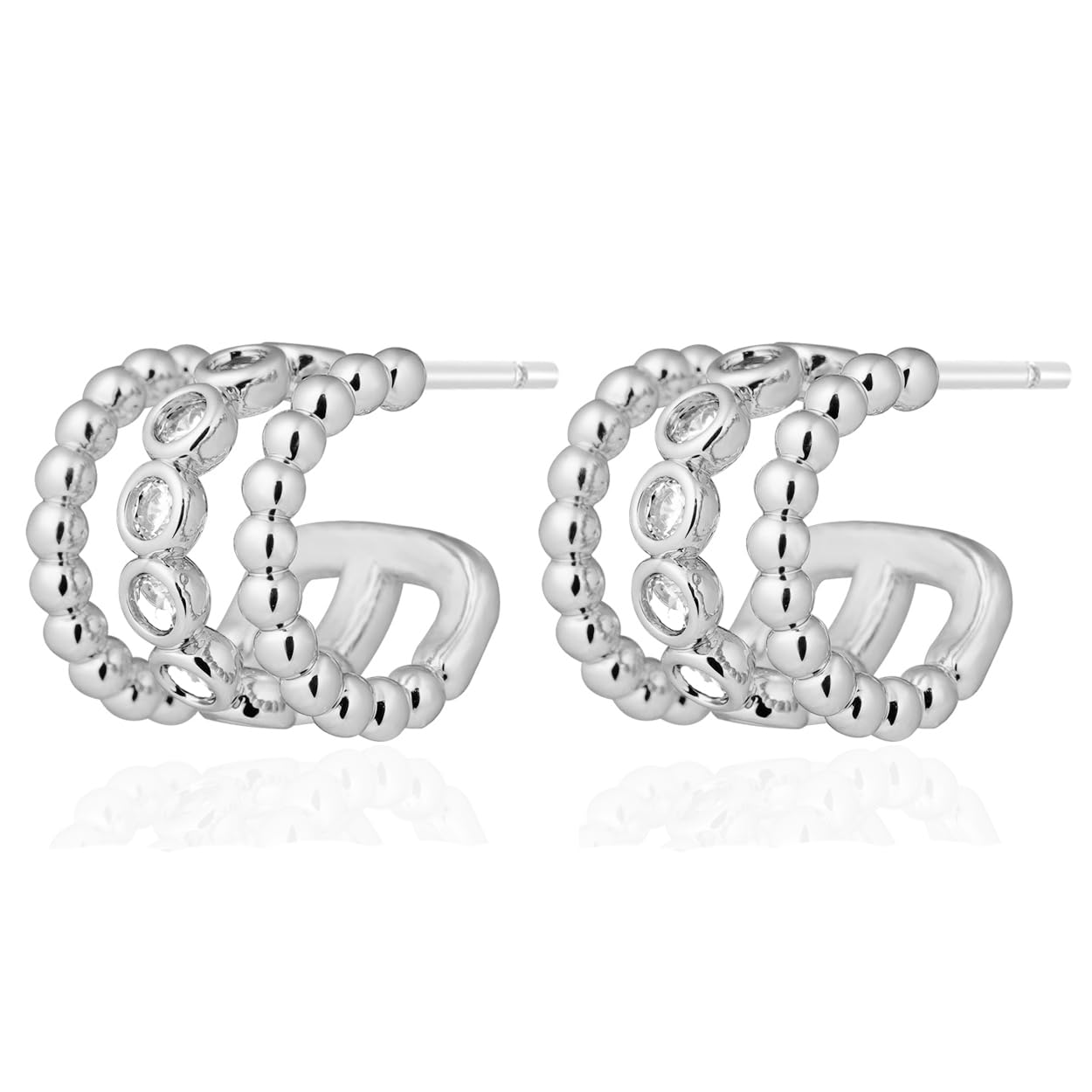 Obidos 14K Gold Plated Illusion Stud Earrings for Women | Triple Huggie Hoop Earrings for One Hole (Plated White)